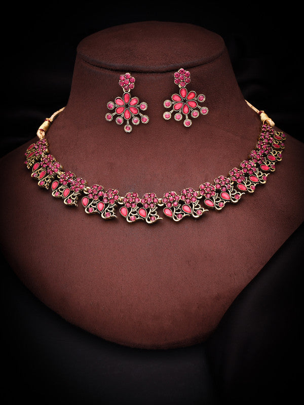 Tehzeeb Creations Luxurious Gold Polished Pink Colour Diamond Choker Necklace Set With Matching Earrings | Grocsy