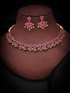 Tehzeeb Creations Luxurious Gold Polished Pink Colour Diamond Choker Necklace Set With Matching Earrings | Grocsy
