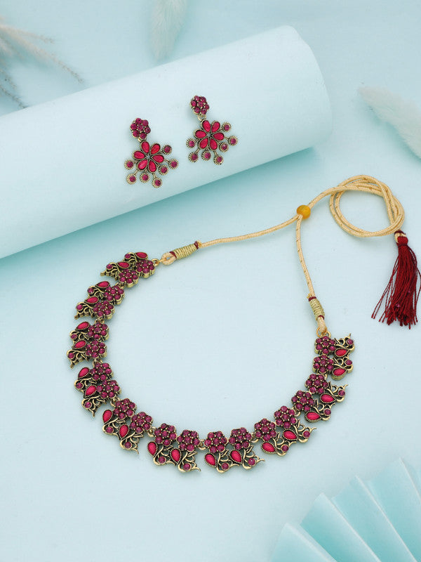 Tehzeeb Creations Luxurious Gold Polished Pink Colour Diamond Choker Necklace Set With Matching Earrings | Grocsy