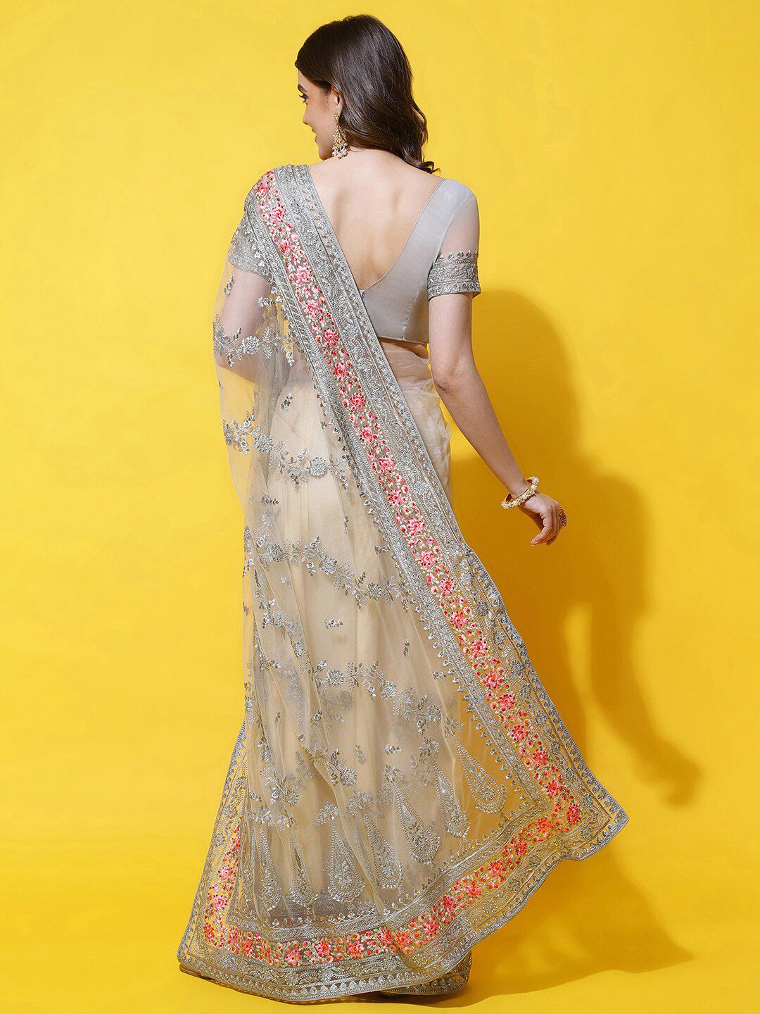 kasee Floral Embroidered Net Saree | Grocsy