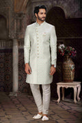 Raivat Ethnic Banarasi Jacquard Woven Work Indo Western Sherwani In Pista Green Colour | Grocsy
