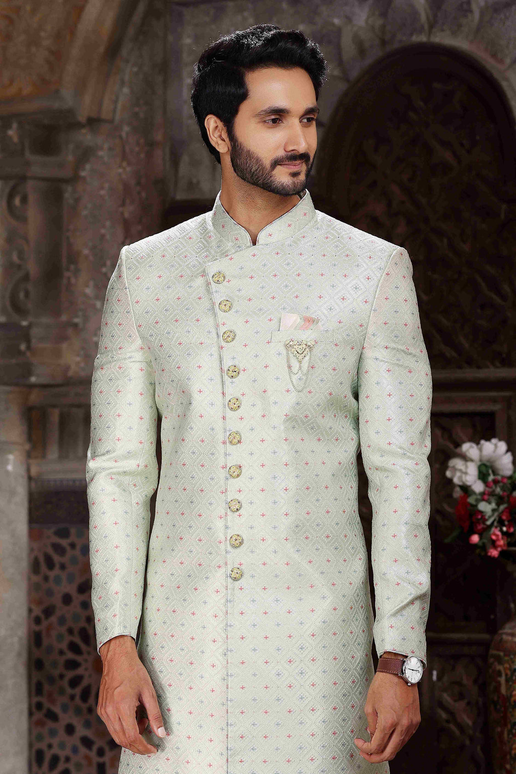 Raivat Ethnic Banarasi Jacquard Woven Work Indo Western Sherwani In Pista Green Colour | Grocsy