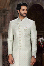 Raivat Ethnic Banarasi Jacquard Woven Work Indo Western Sherwani In Pista Green Colour | Grocsy