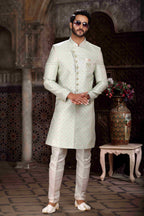 Raivat Ethnic Banarasi Jacquard Woven Work Indo Western Sherwani In Pista Green Colour | Grocsy