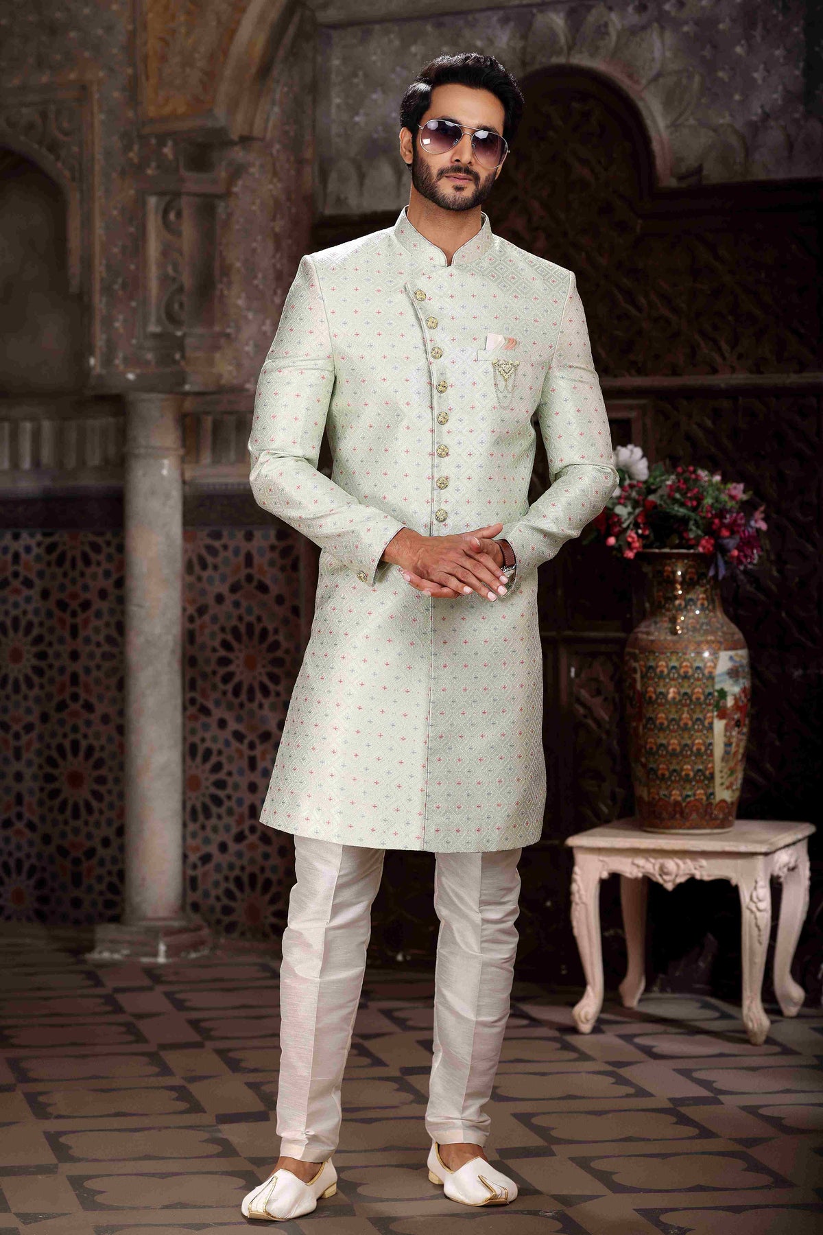 Raivat Ethnic Banarasi Jacquard Woven Work Indo Western Sherwani In Pista Green Colour | Grocsy