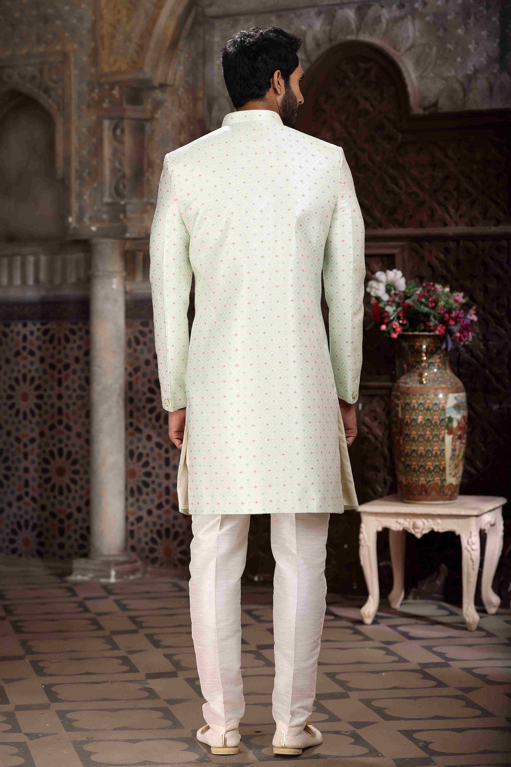 Raivat Ethnic Banarasi Jacquard Woven Work Indo Western Sherwani In Pista Green Colour | Grocsy