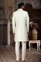 Raivat Ethnic Banarasi Jacquard Woven Work Indo Western Sherwani In Pista Green Colour | Grocsy