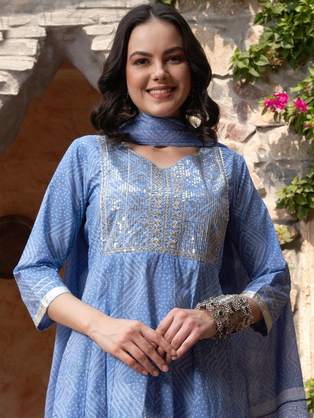 Sangria Blue Printed & Embroidered Pure Cotton A-Line Kurta With Trouser & Dupatta | Grocsy