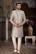 Raivat Ethnic Banarasi Jacquard Woven Work Indo Western Sherwani In Light Grey Colour | Grocsy