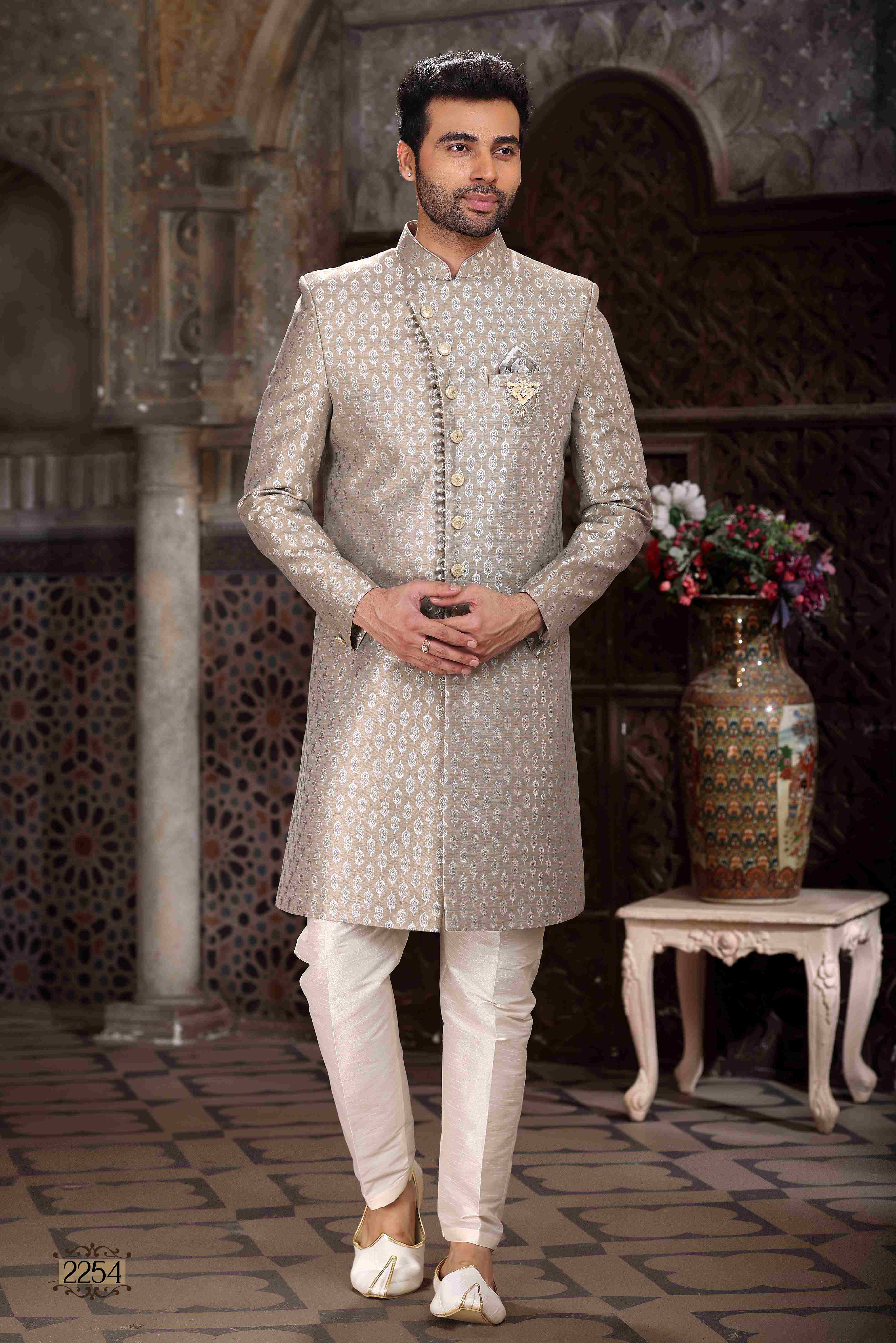 Raivat Ethnic Banarasi Jacquard Woven Work Indo Western Sherwani In Light Grey Colour | Grocsy