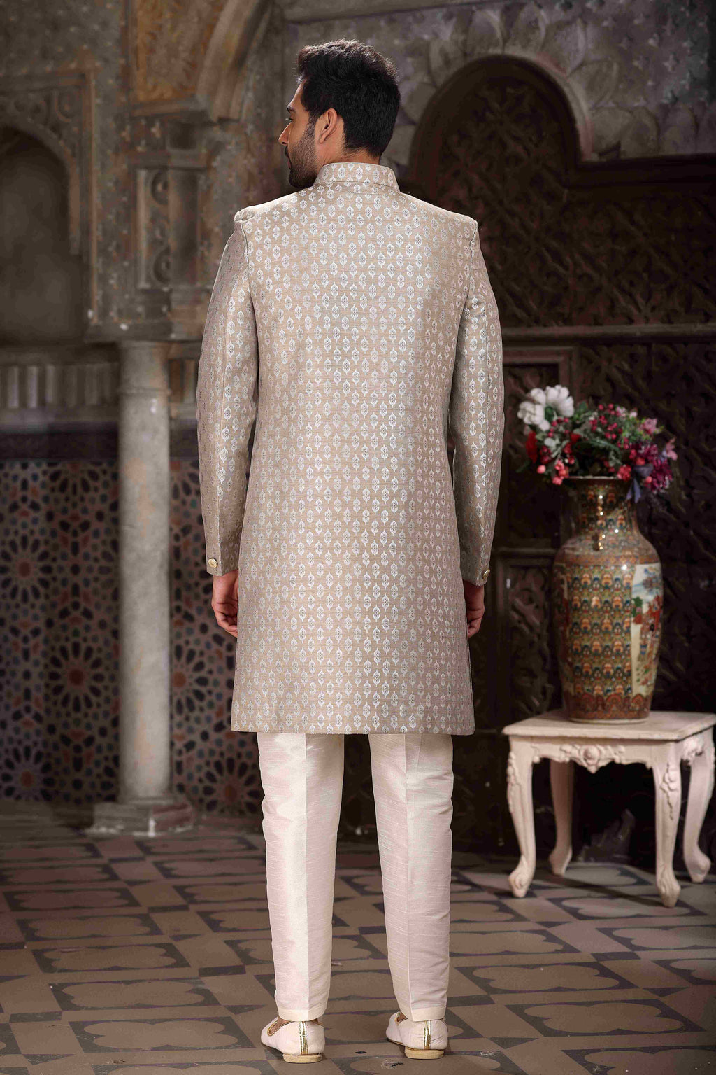 Raivat Ethnic Banarasi Jacquard Woven Work Indo Western Sherwani In Light Grey Colour | Grocsy