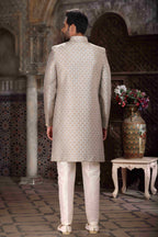Raivat Ethnic Banarasi Jacquard Woven Work Indo Western Sherwani In Light Grey Colour | Grocsy