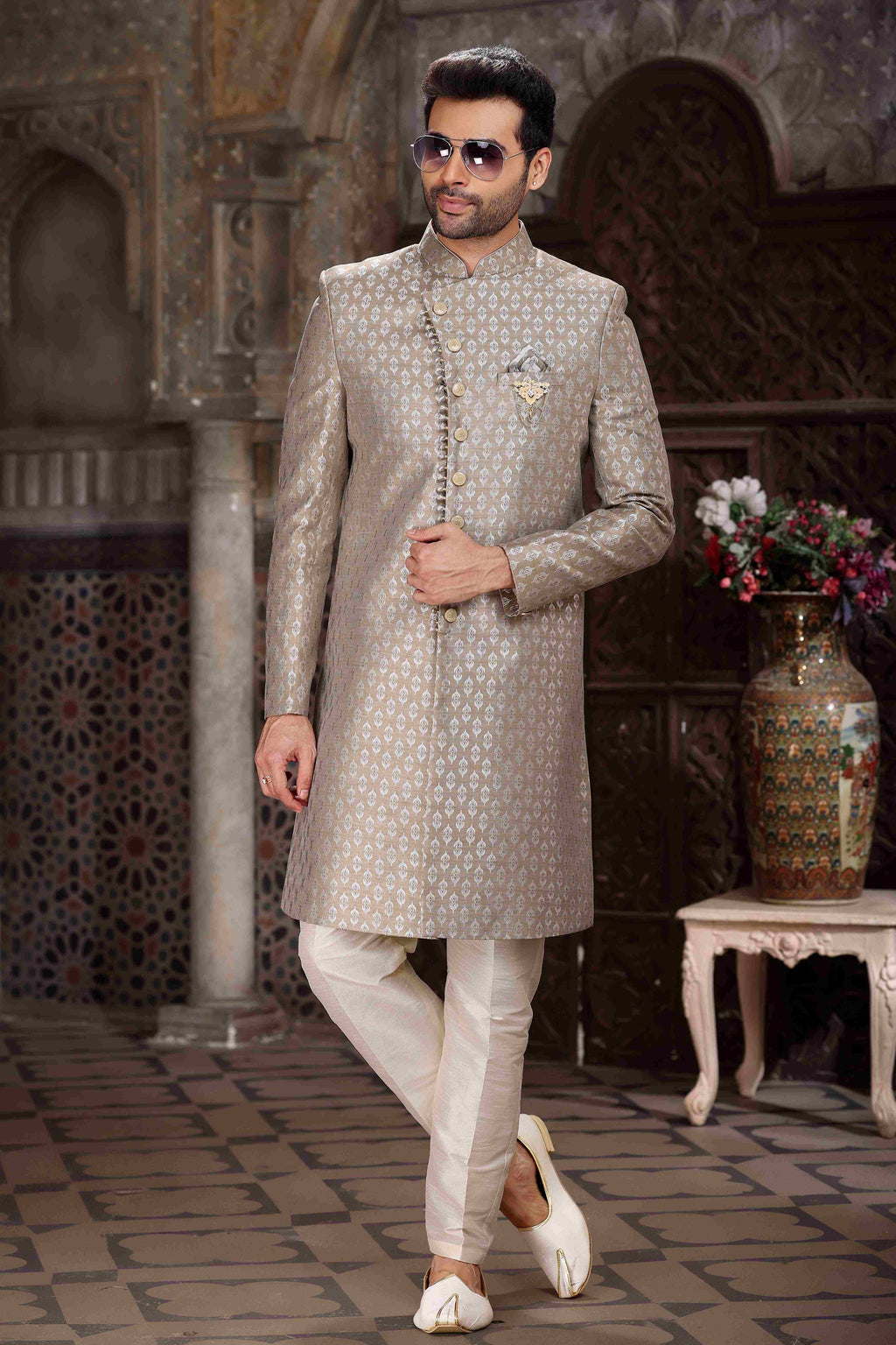 Raivat Ethnic Banarasi Jacquard Woven Work Indo Western Sherwani In Light Grey Colour | Grocsy