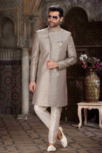 Raivat Ethnic Banarasi Jacquard Woven Work Indo Western Sherwani In Light Grey Colour | Grocsy