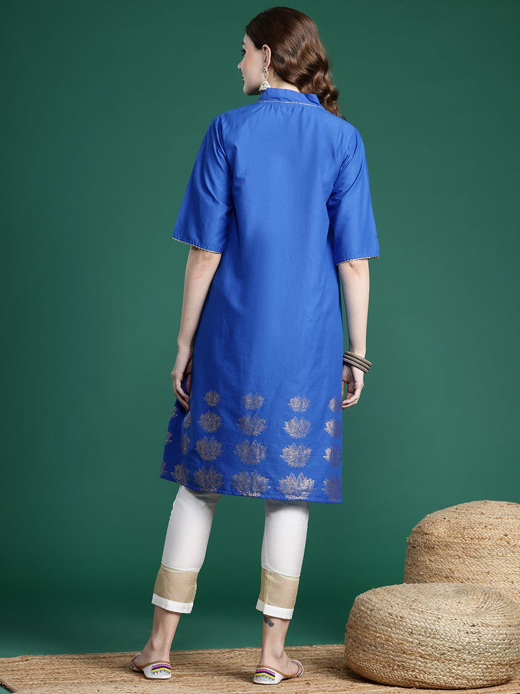 Sangria Floral Foil Printed Gota Patti Detailed A-Line Kurta | Grocsy