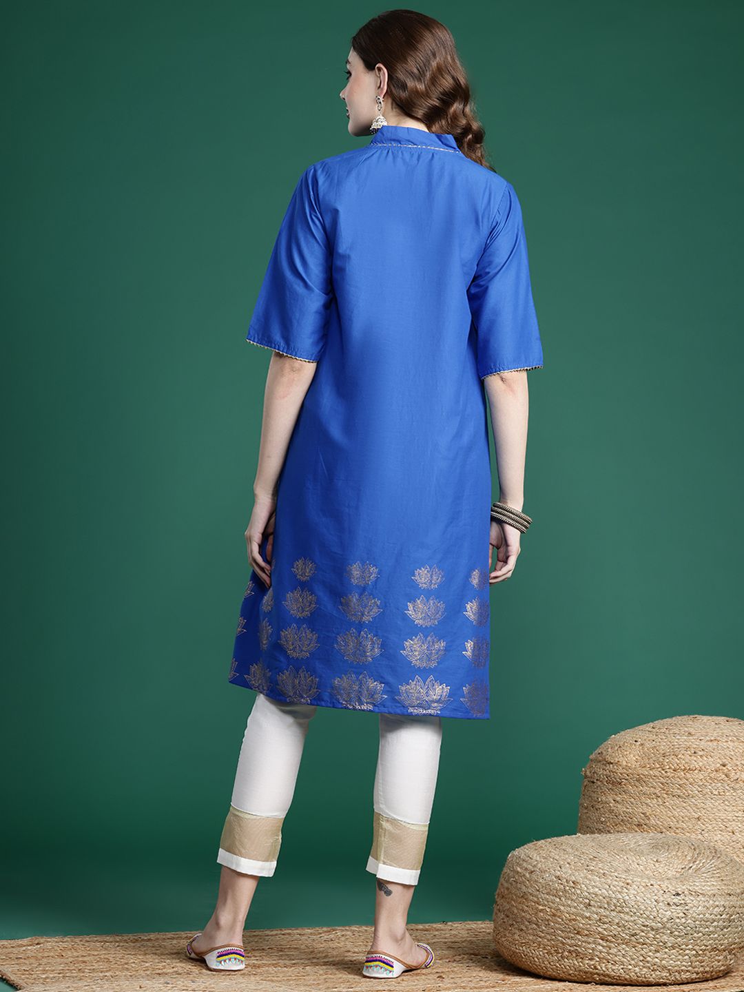 Sangria Floral Foil Printed Gota Patti Detailed A-Line Kurta | Grocsy