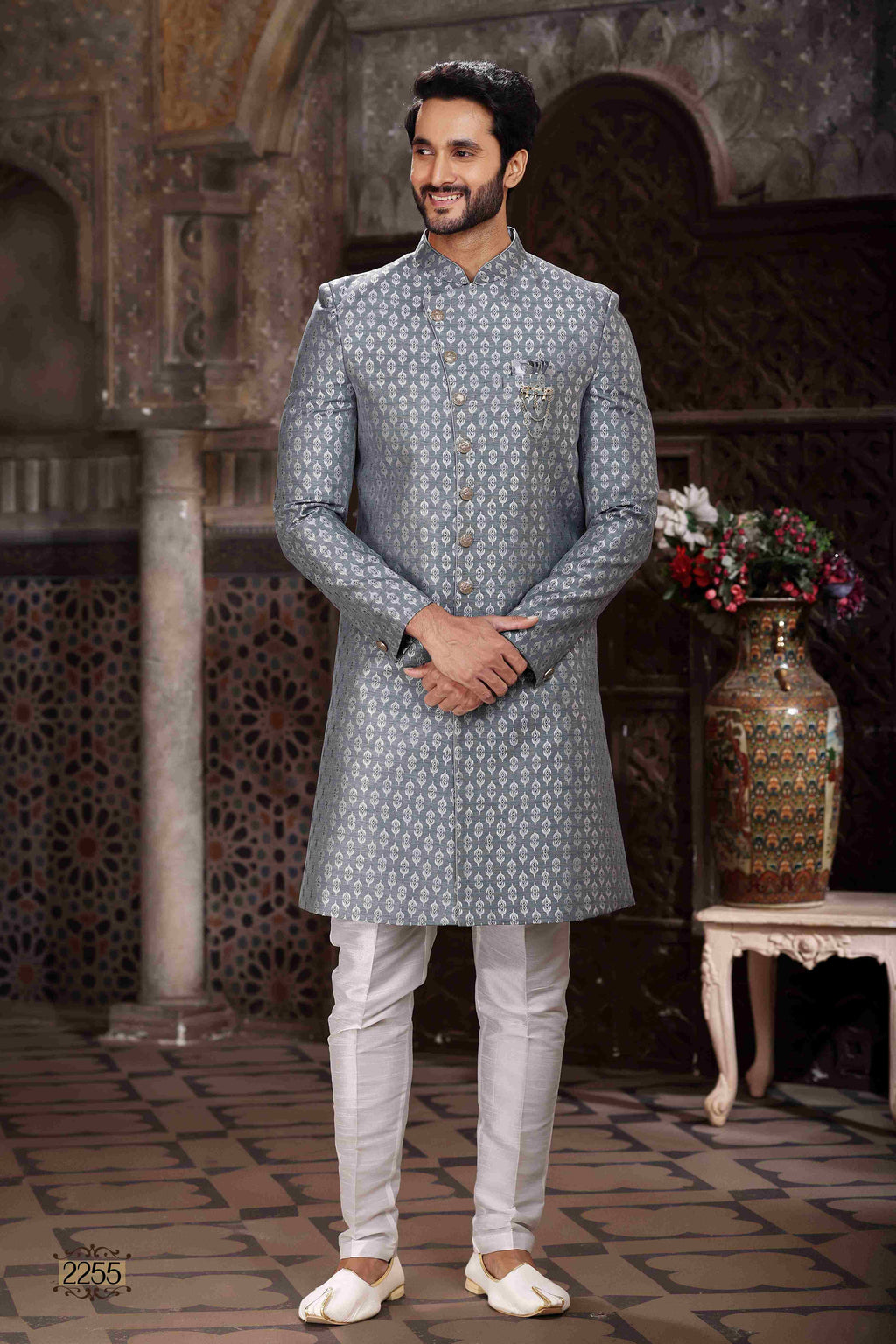 Raivat Ethnic Banarasi Jacquard Woven Work Indo Western Sherwani In Grey Colour | Grocsy