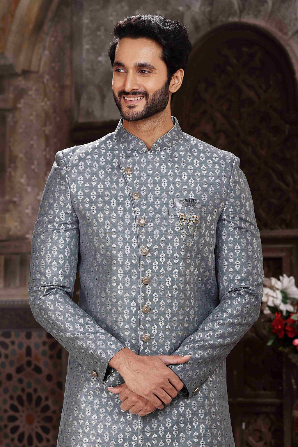 Raivat Ethnic Banarasi Jacquard Woven Work Indo Western Sherwani In Grey Colour | Grocsy