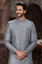 Raivat Ethnic Banarasi Jacquard Woven Work Indo Western Sherwani In Grey Colour | Grocsy