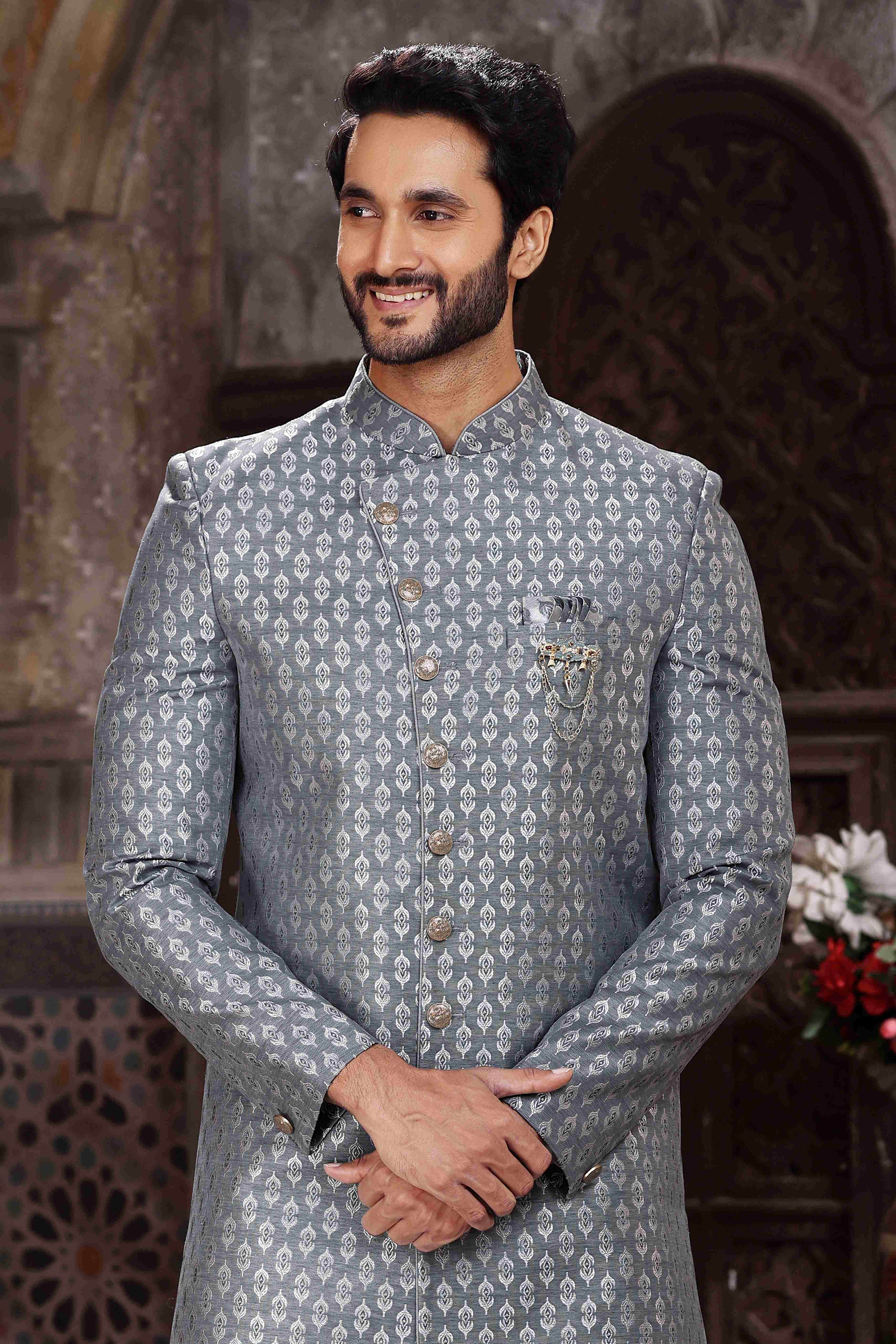Raivat Ethnic Banarasi Jacquard Woven Work Indo Western Sherwani In Grey Colour | Grocsy