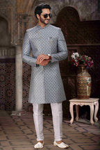 Raivat Ethnic Banarasi Jacquard Woven Work Indo Western Sherwani In Grey Colour | Grocsy