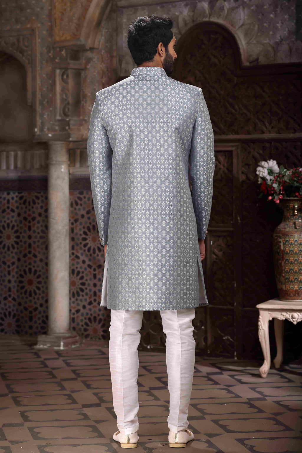 Raivat Ethnic Banarasi Jacquard Woven Work Indo Western Sherwani In Grey Colour | Grocsy