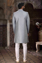 Raivat Ethnic Banarasi Jacquard Woven Work Indo Western Sherwani In Grey Colour | Grocsy