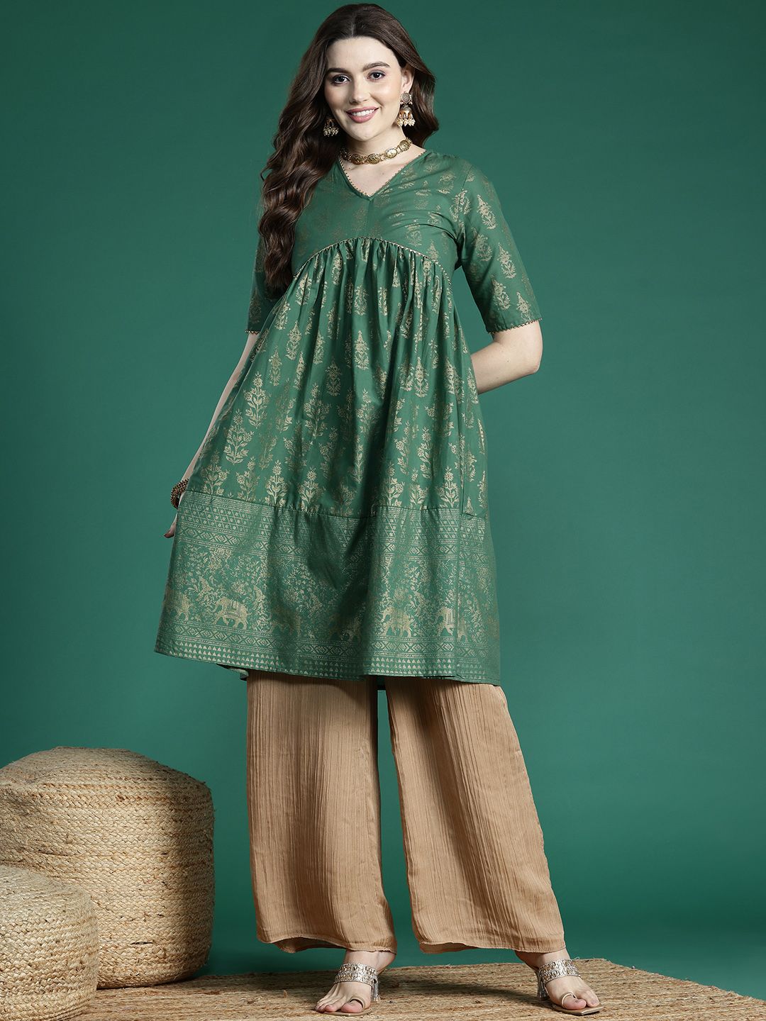 Sangria Ethnic Motifs Print Gotta Patti Pure Cotton Anarkali Kurta | Grocsy