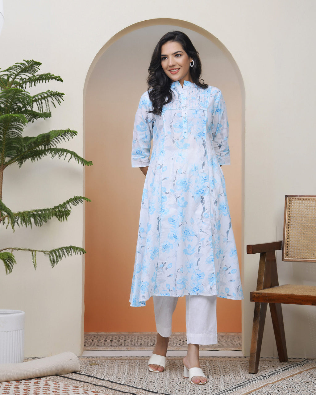 Vaasva Women White Floral Cotton Printed Flare Kurti | Grocsy