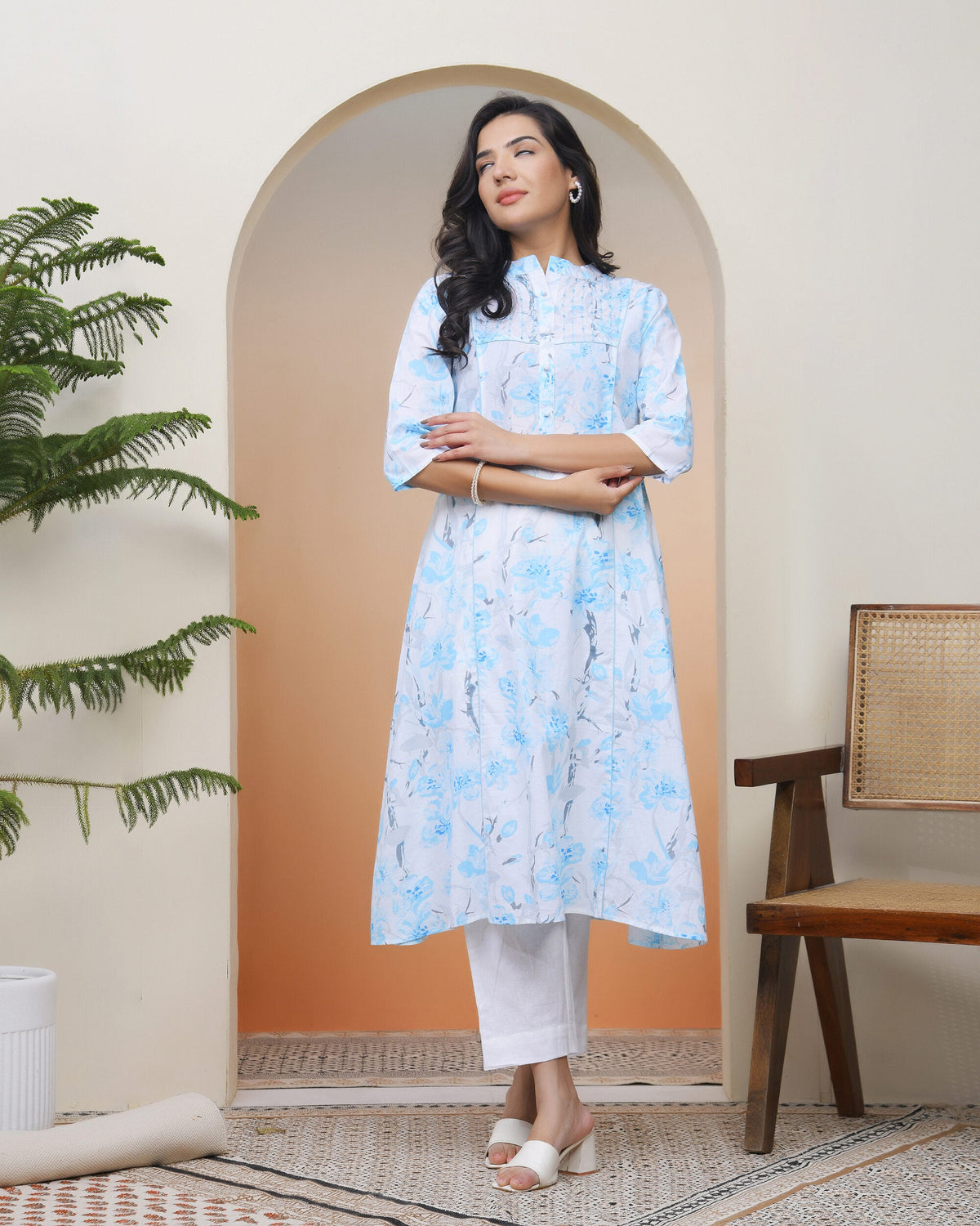 Vaasva Women White Floral Cotton Printed Flare Kurti | Grocsy