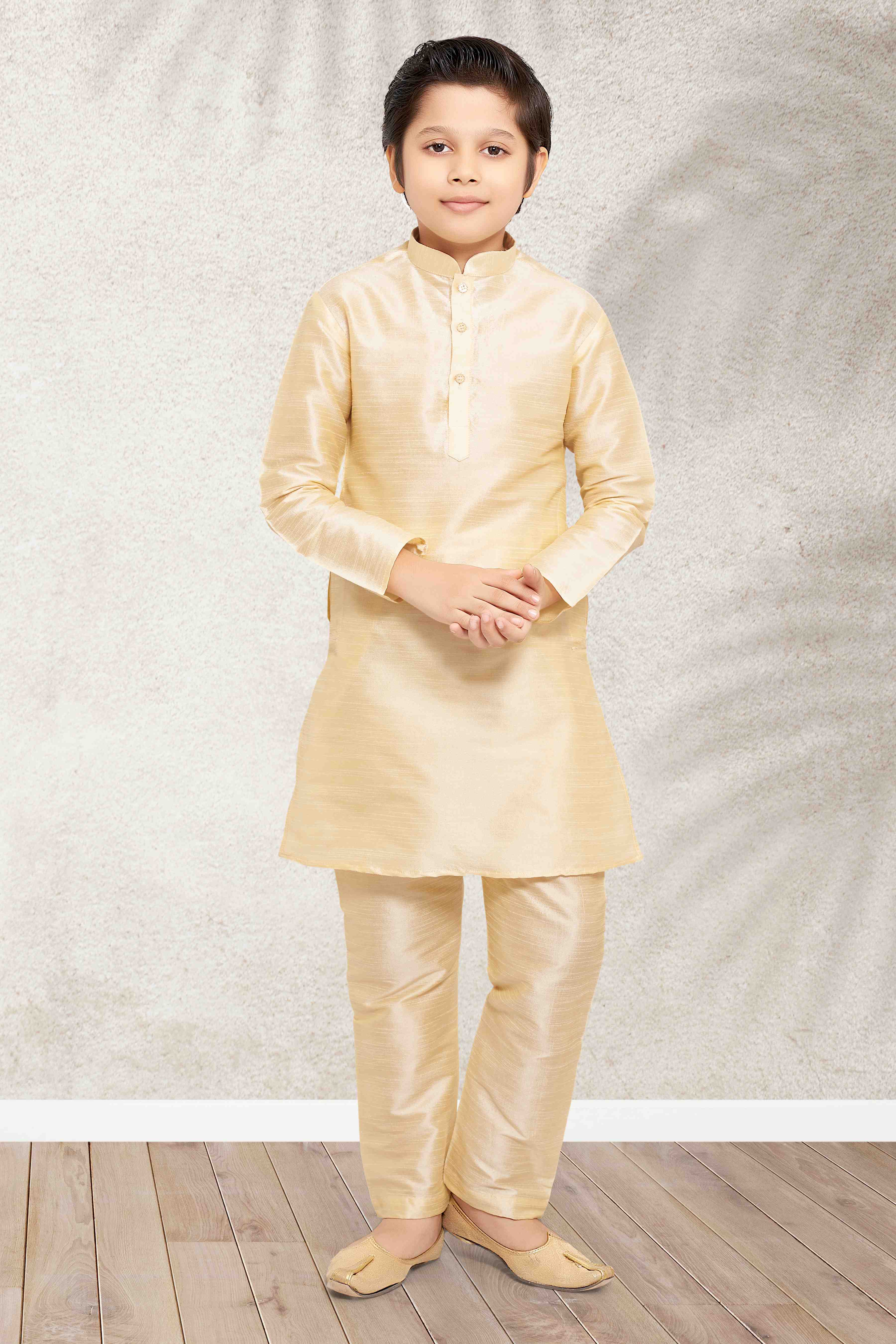 Raivat Ethnic Art Banarasi Silk Kids Kurta Pajama In Gold Colour | Grocsy