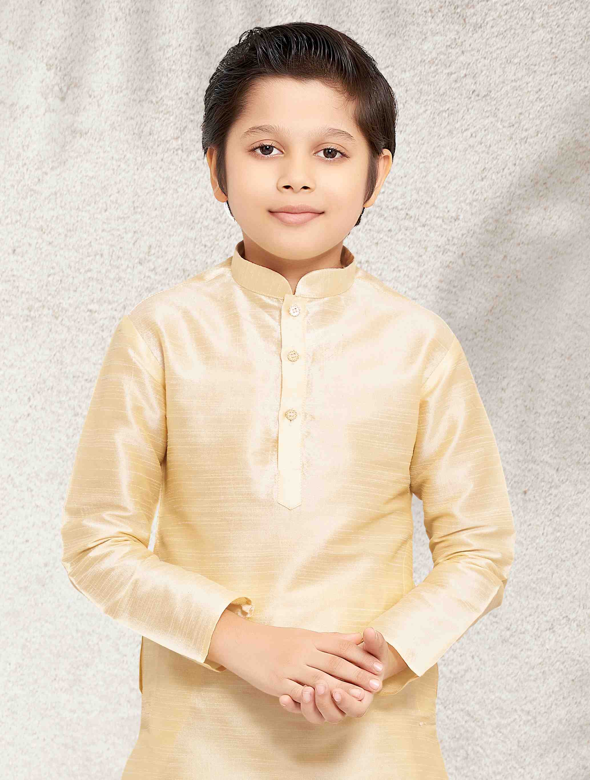 Raivat Ethnic Art Banarasi Silk Kids Kurta Pajama In Gold Colour | Grocsy