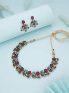 Tehzeeb Creations Luxurious Gold Polished Pink & Sky Blue Colour Diamond Choker Necklace Set With Matching Earrings | Grocsy