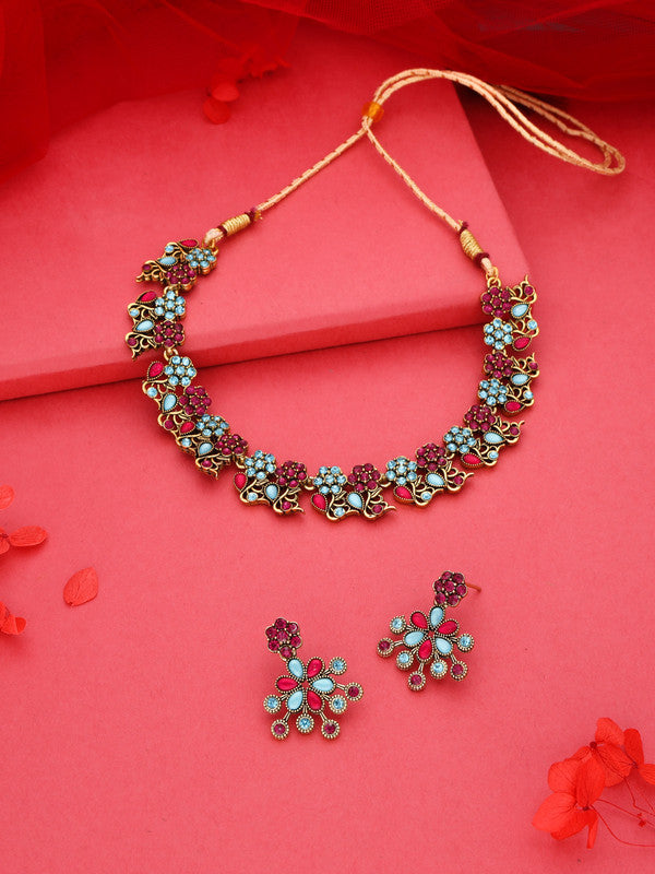 Tehzeeb Creations Luxurious Gold Polished Pink & Sky Blue Colour Diamond Choker Necklace Set With Matching Earrings | Grocsy