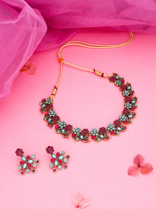Tehzeeb Creations Luxurious Gold Polished Pink & Sky Blue Colour Diamond Choker Necklace Set With Matching Earrings | Grocsy