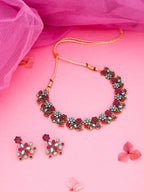 Tehzeeb Creations Luxurious Gold Polished Pink & Sky Blue Colour Diamond Choker Necklace Set With Matching Earrings | Grocsy