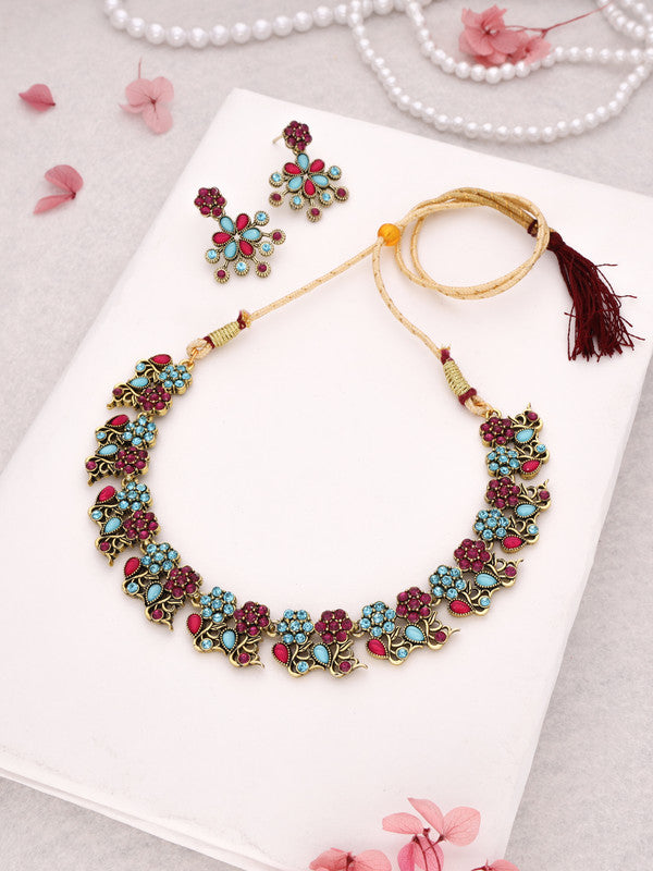 Tehzeeb Creations Luxurious Gold Polished Pink & Sky Blue Colour Diamond Choker Necklace Set With Matching Earrings | Grocsy