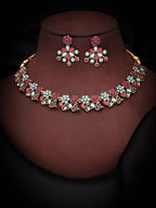 Tehzeeb Creations Luxurious Gold Polished Pink & Sky Blue Colour Diamond Choker Necklace Set With Matching Earrings | Grocsy