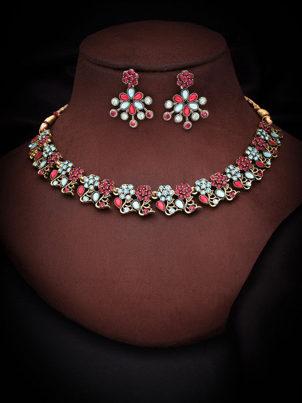 Tehzeeb Creations Luxurious Gold Polished Pink & Sky Blue Colour Diamond Choker Necklace Set With Matching Earrings | Grocsy