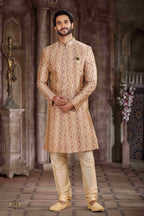 Raivat Ethnic Art Silk Digital Print Sherwani In Beige Colour | Grocsy