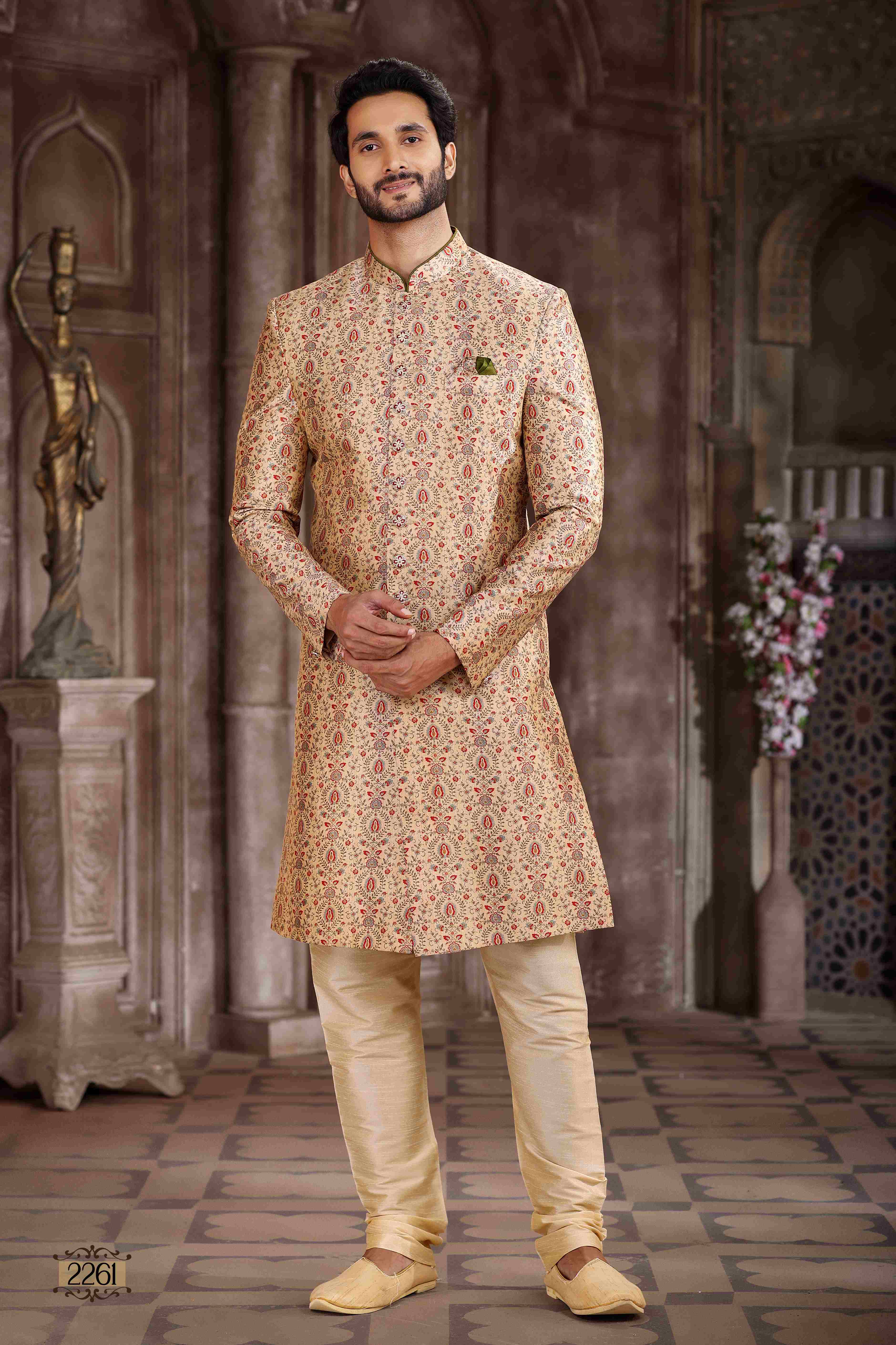 Raivat Ethnic Art Silk Digital Print Sherwani In Beige Colour | Grocsy
