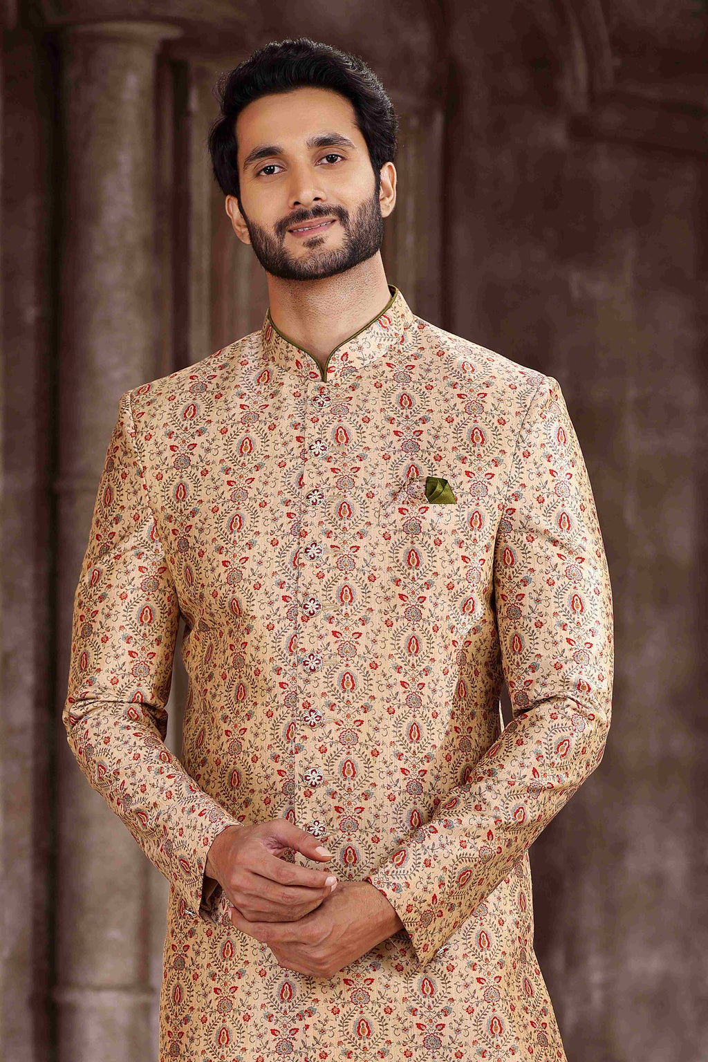 Raivat Ethnic Art Silk Digital Print Sherwani In Beige Colour | Grocsy