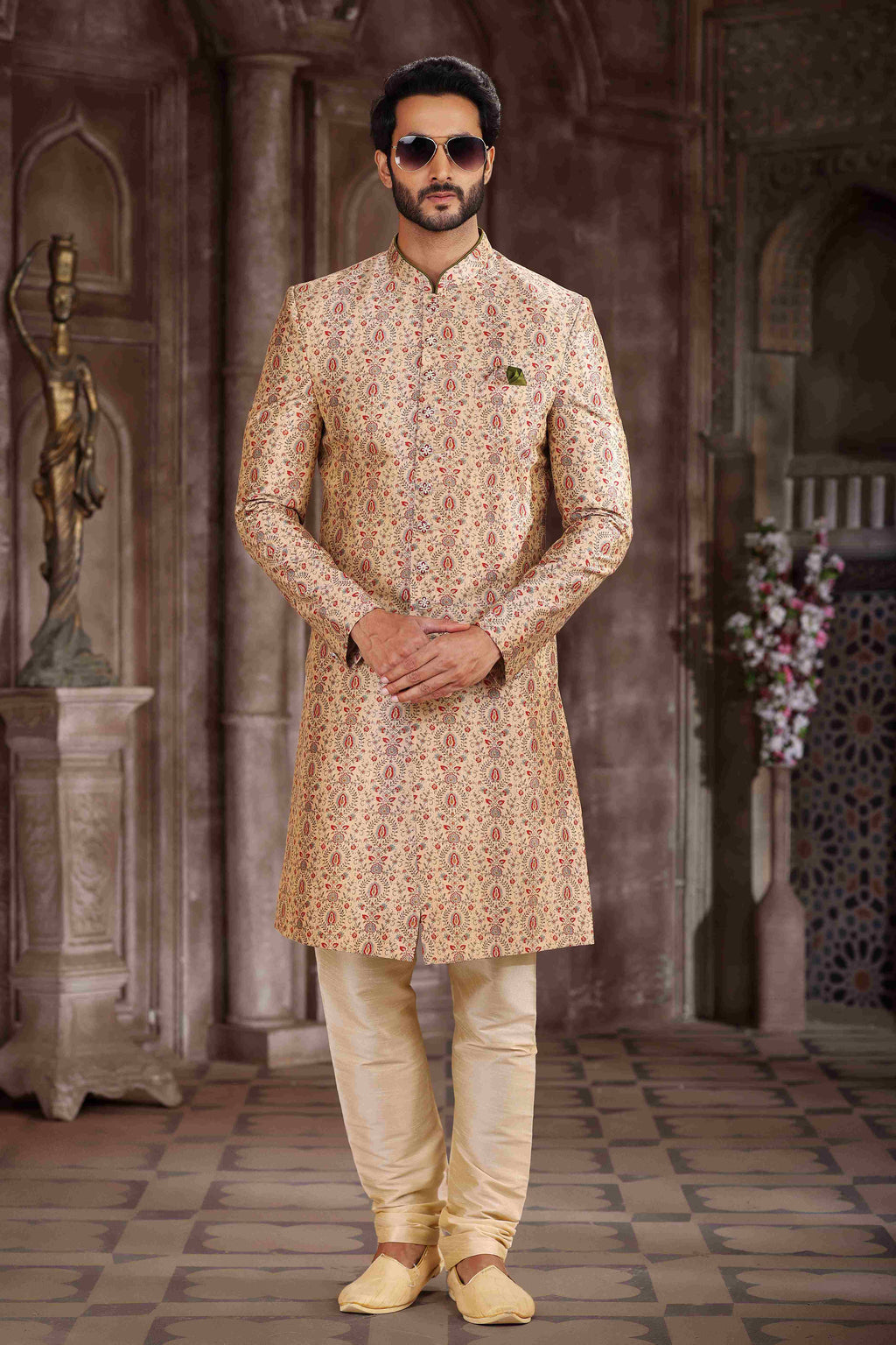 Raivat Ethnic Art Silk Digital Print Sherwani In Beige Colour | Grocsy