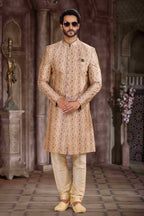 Raivat Ethnic Art Silk Digital Print Sherwani In Beige Colour | Grocsy