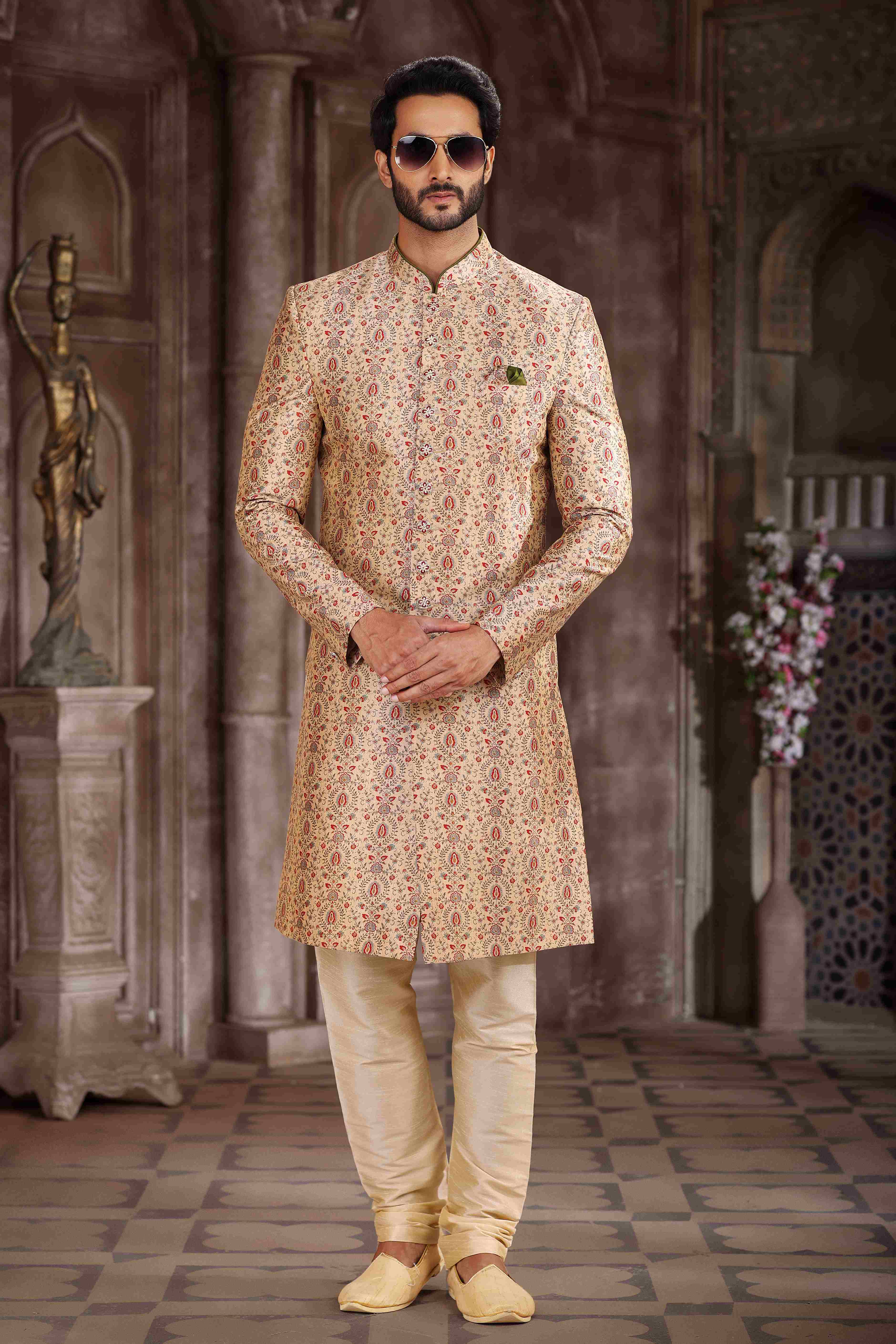 Raivat Ethnic Art Silk Digital Print Sherwani In Beige Colour | Grocsy