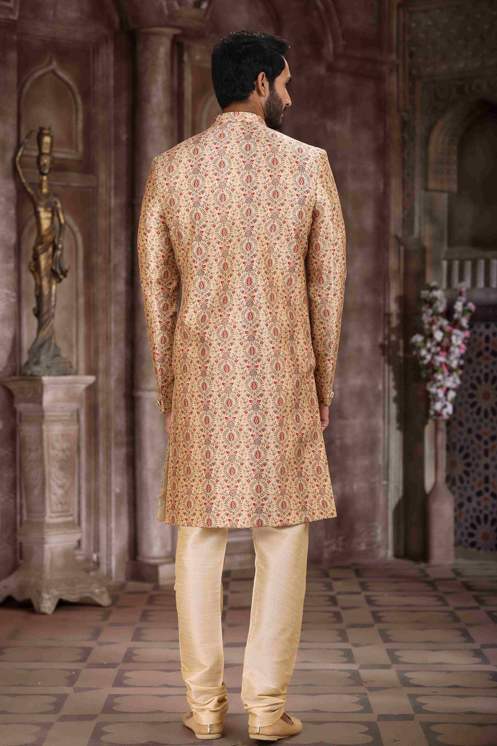 Raivat Ethnic Art Silk Digital Print Sherwani In Beige Colour | Grocsy