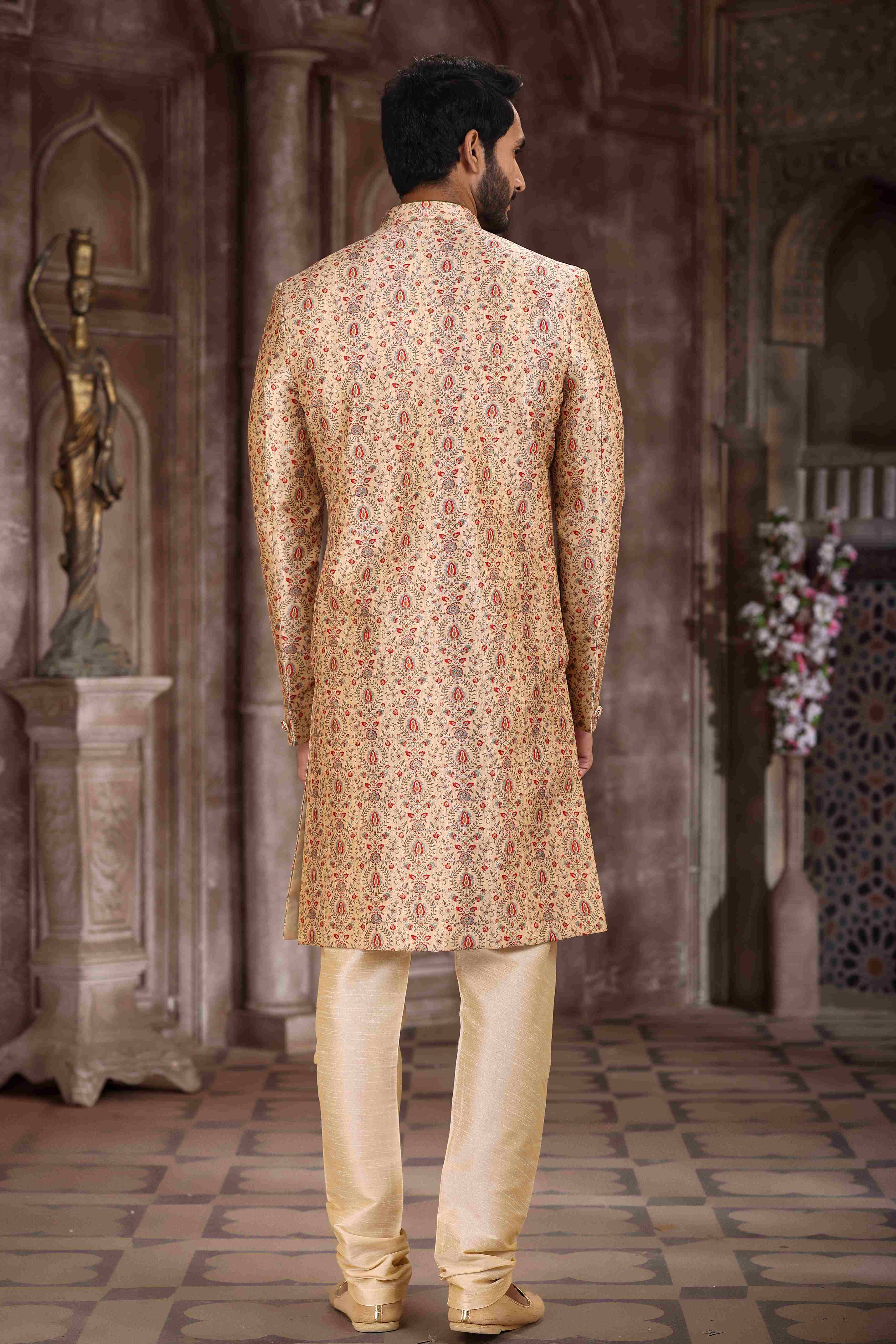 Raivat Ethnic Art Silk Digital Print Sherwani In Beige Colour | Grocsy