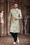 Raivat Ethnic Art Silk Digital Print Sherwani In Light Green Colour | Grocsy
