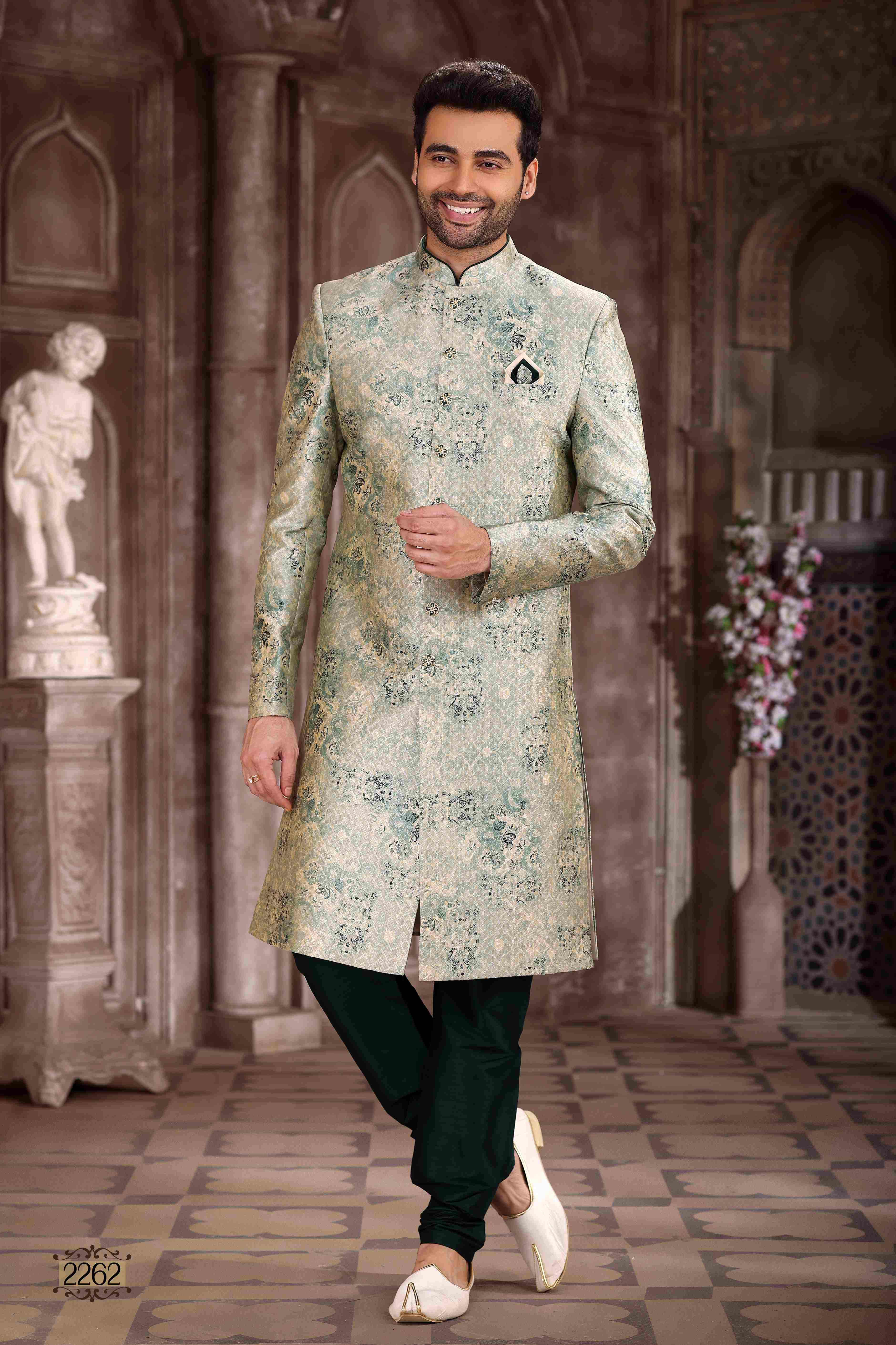 Raivat Ethnic Art Silk Digital Print Sherwani In Light Green Colour | Grocsy