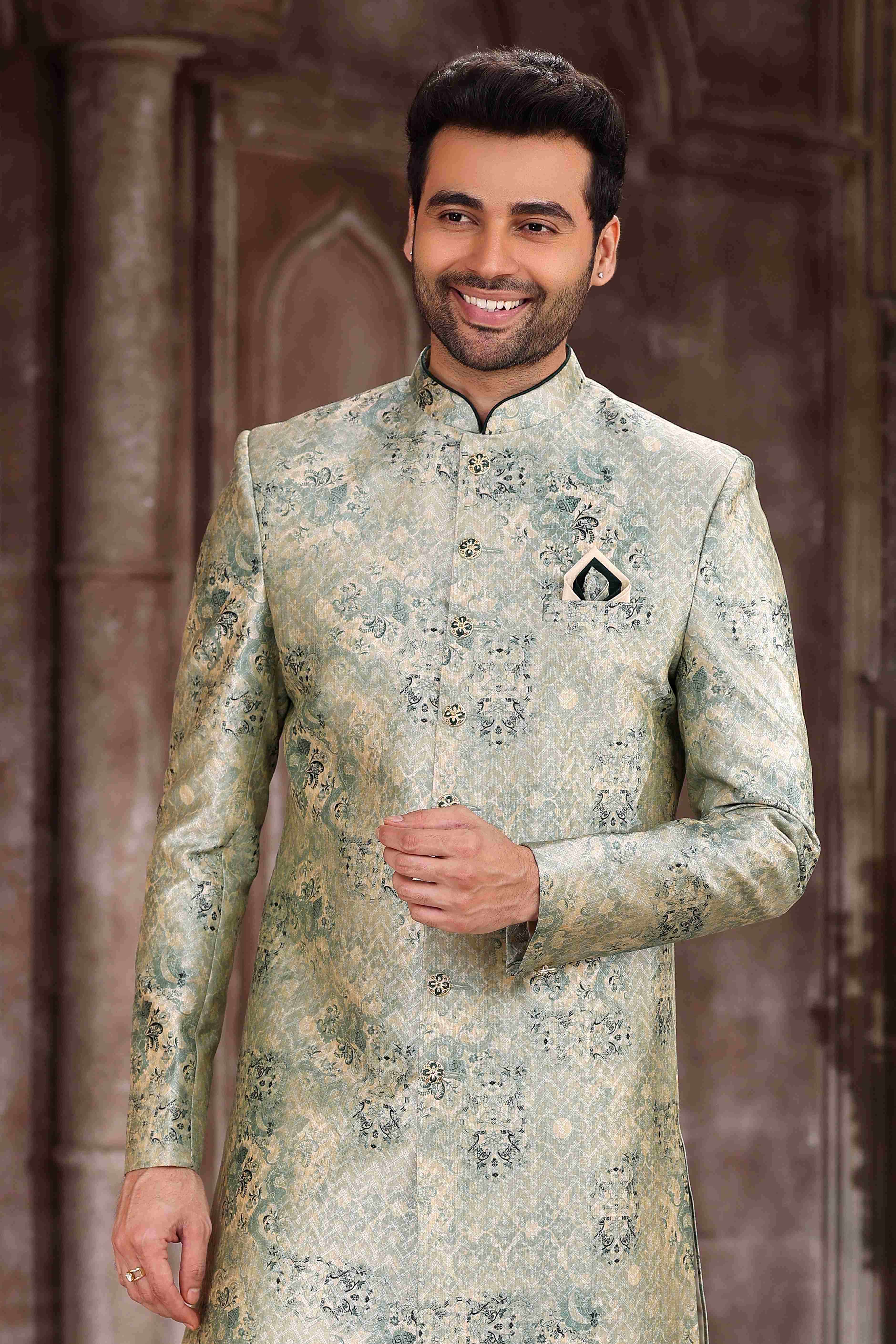 Raivat Ethnic Art Silk Digital Print Sherwani In Light Green Colour | Grocsy